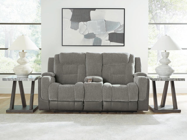 Mixed Motion Shadow Chenille / Faux Leather Power Reclining Loveseat with Console — product view