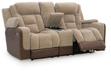 Mixed Motion Brownstone Chenille / Faux Leather Power Reclining Loveseat with Console — angled view