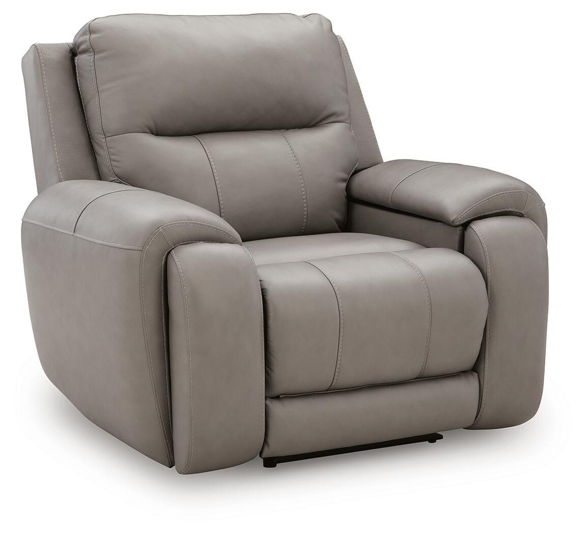 Real Moments Ash Leather Power Recliner with Audio Seating — angled view