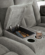 Mixed Motion Shadow Chenille / Faux Leather Power Reclining Loveseat with Console — detail view