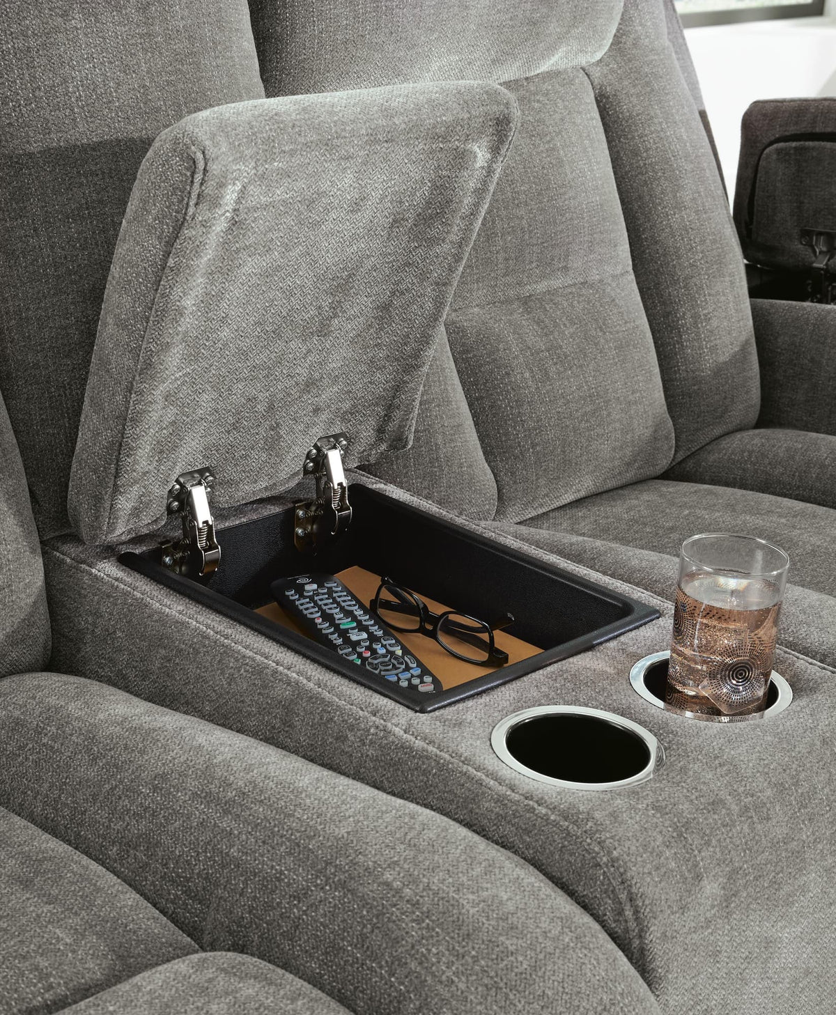 Mixed Motion Shadow Chenille / Faux Leather Power Reclining Loveseat with Console — detail view