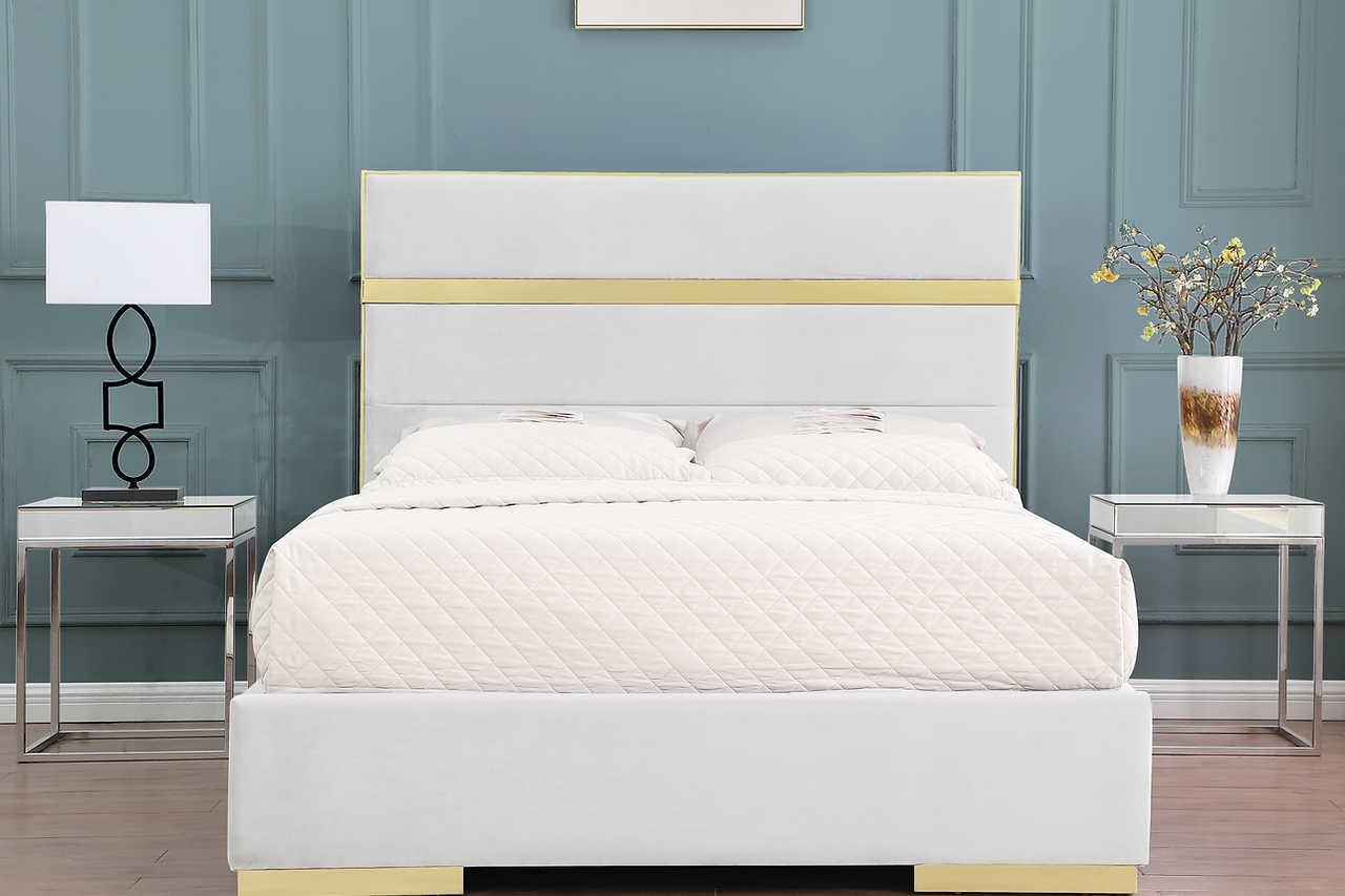 Cartier Ivory/Gold Modern Contemporary Solid Wood Velvet Upholstery Platform Queen Bed - Ella Furniture