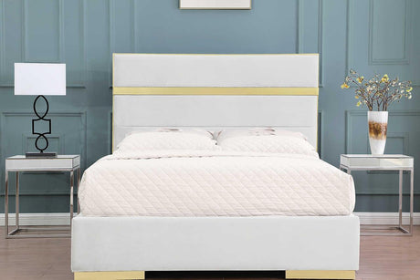 Cartier Ivory/Gold Modern Contemporary Solid Wood Velvet Upholstery Platform Queen Bed - Ella Furniture