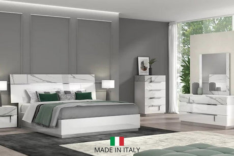 Sunset White/Gray Contemporary Solid Wood Marble Top High Gloss Lacquer 5-Drawers Chest - Ella Furniture