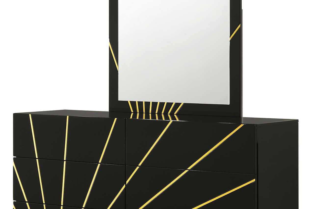 Zenia Black/Gold Modern Contemporary High Gloss Lacquer Solid Wood LED Bedroom Set - Ella Furniture