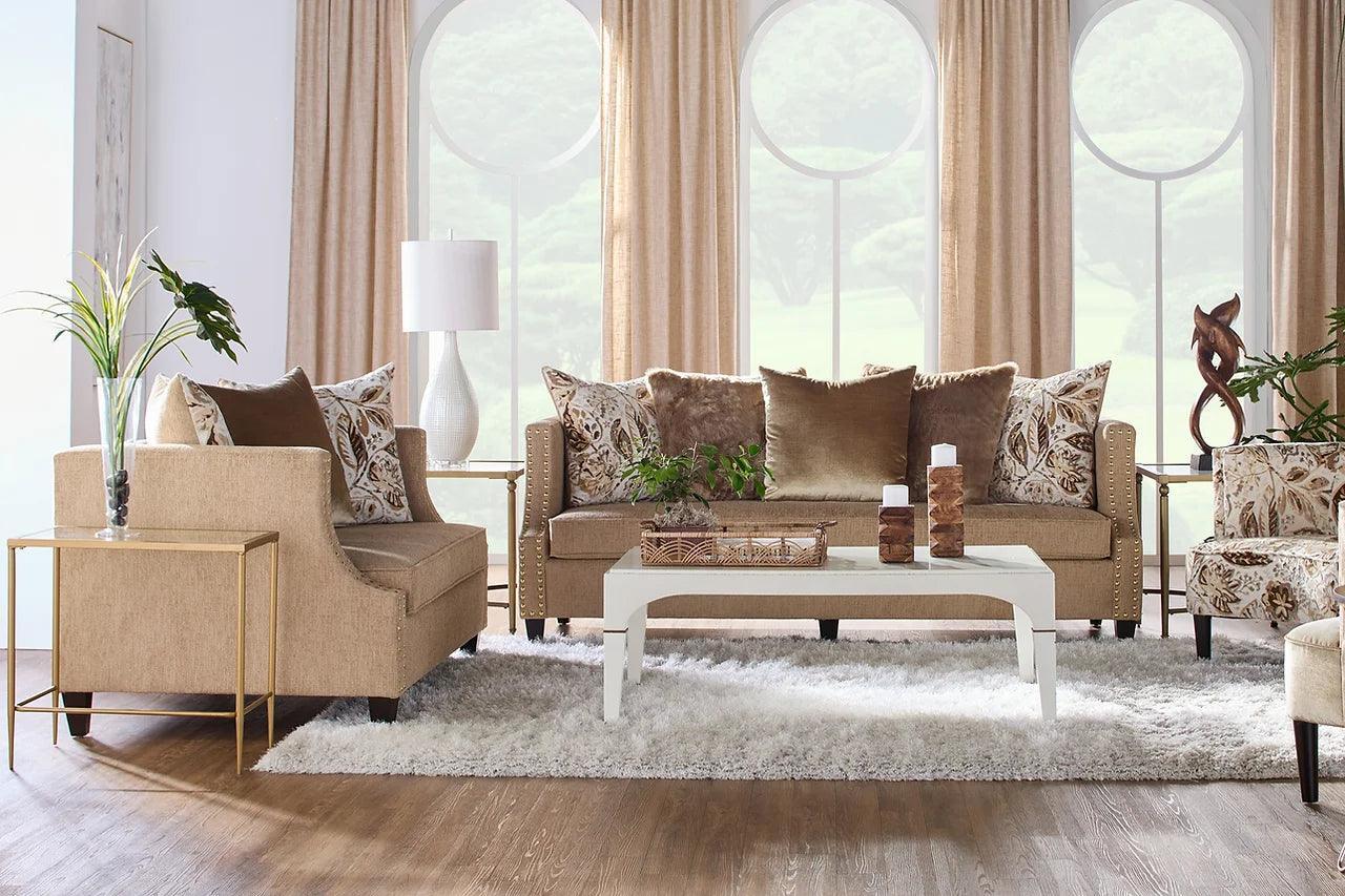 Simone Flax Brown Modern Contemporary Wood, Engineered Wood Fabric Loveseat - Ella Furniture