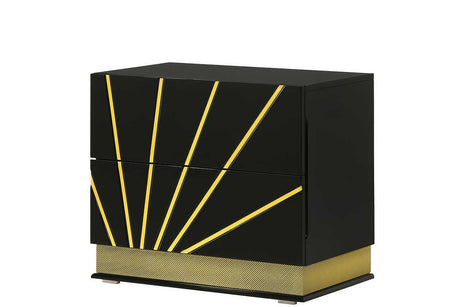 Zenia Black/Gold Modern Contemporary High Gloss Lacquer Solid Wood 2-Drawers Nightstand - Ella Furniture