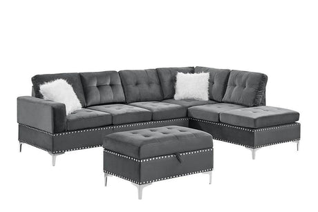 Joy Grey Modern Velvet Upholstered Tufted Drop-down Storage Sectional with Ottoman - Ella Furniture
