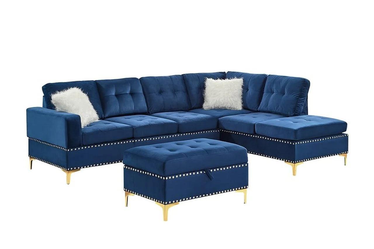 Joy Blue Modern Velvet Upholstered Tufted Drop-down Storage Sectional with Ottoman - Ella Furniture