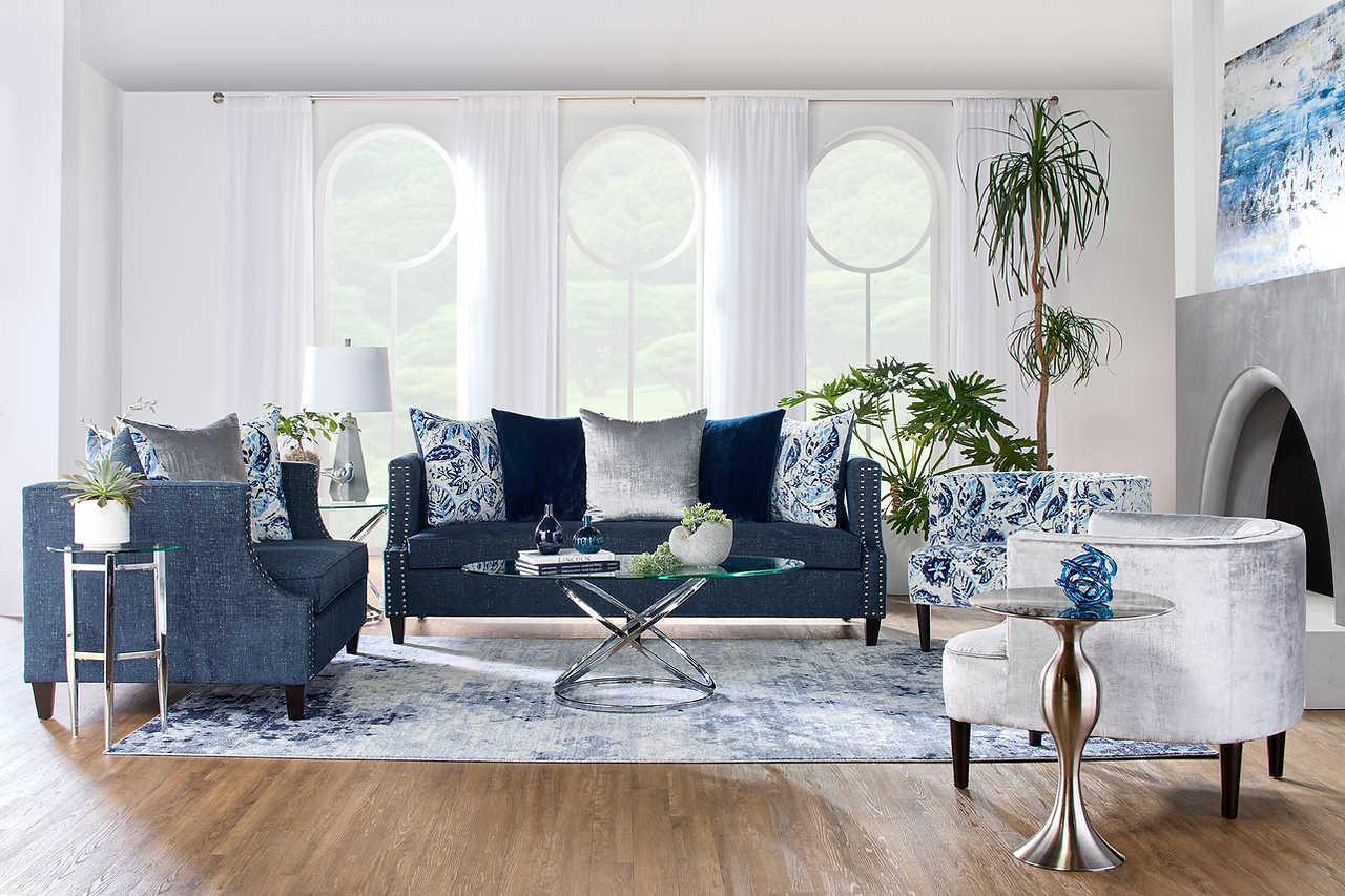 Simone Indigo Blue Modern Contemporary Solid Wood Fabric Upholstered Loveseat - Ella Furniture