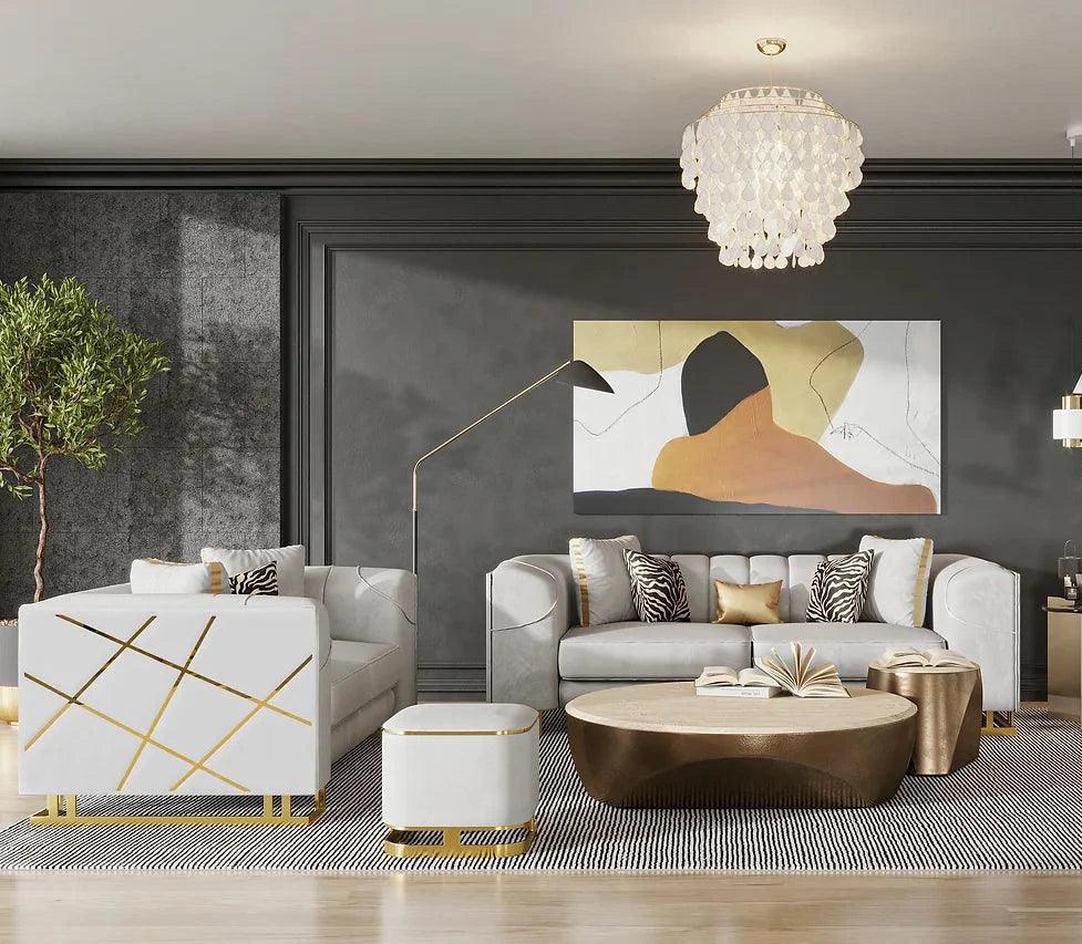 Designer Off-white with Gold Contemporary Wood, Engineered Wood Velvet Sofa&Loveseat - Ella Furniture