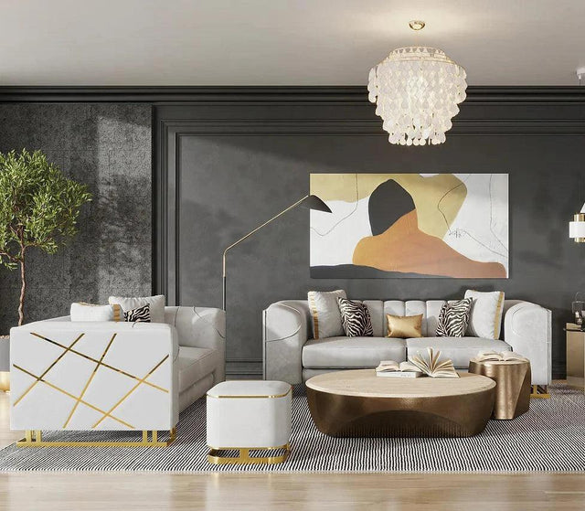 Designer Off-white with Gold Contemporary Wood, Engineered Wood Velvet Sofa&Loveseat - Ella Furniture