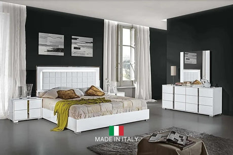 Alice White Traditional Contemporary Marble Top Solid Wood Faux Leather LED Bedroom Set - Ella Furniture
