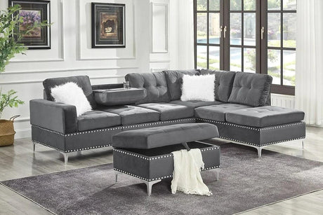 Joy Grey Modern Velvet Upholstered Tufted Drop-down Storage Sectional with Ottoman - Ella Furniture