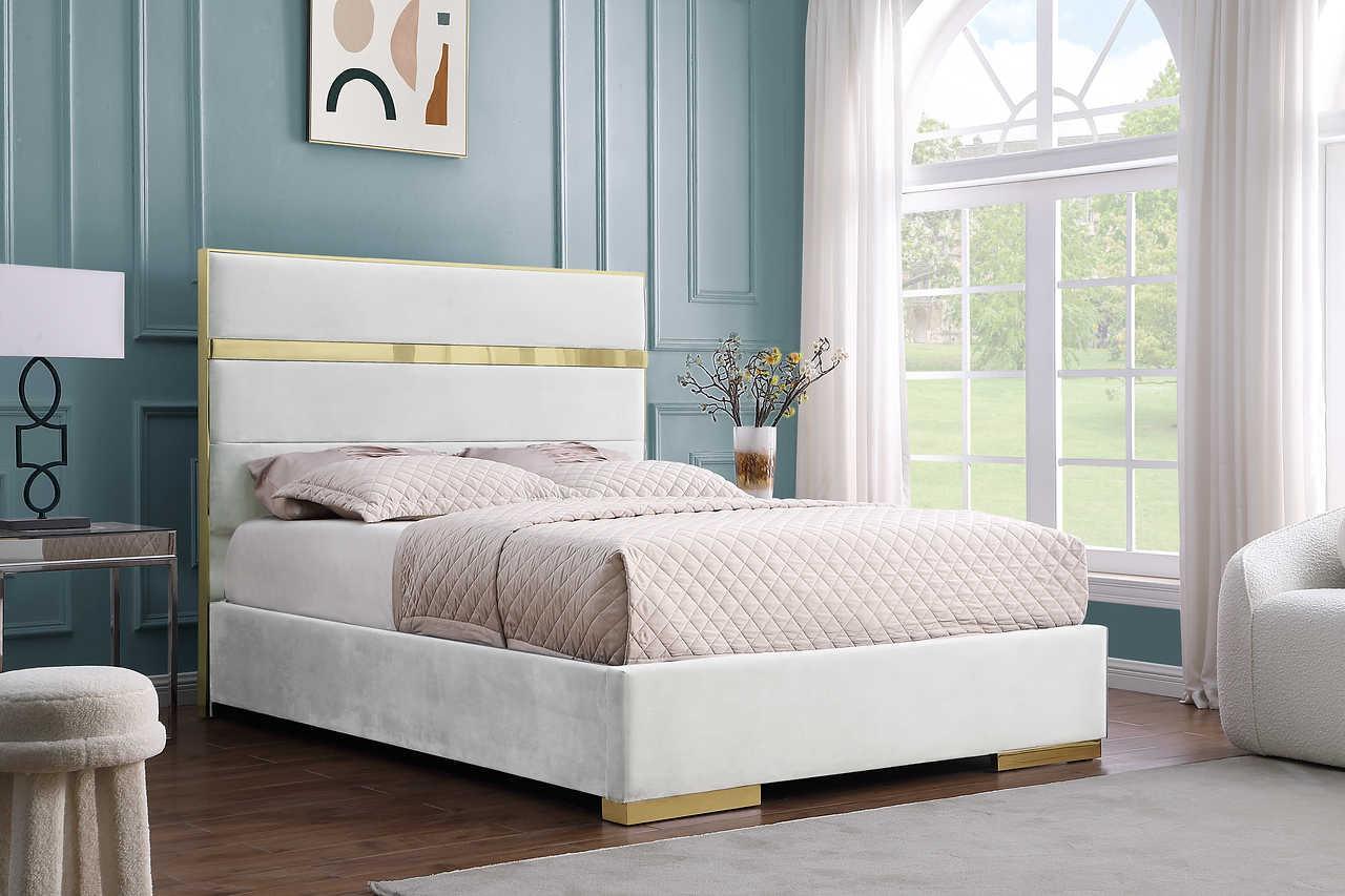 Cartier Ivory/Gold Modern Contemporary Solid Wood Velvet Upholstery Platform King Bed - Ella Furniture