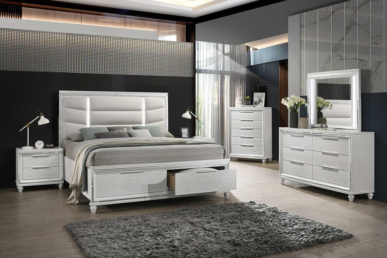 Paola White LED Upholstered Storage Platform Bedroom Set