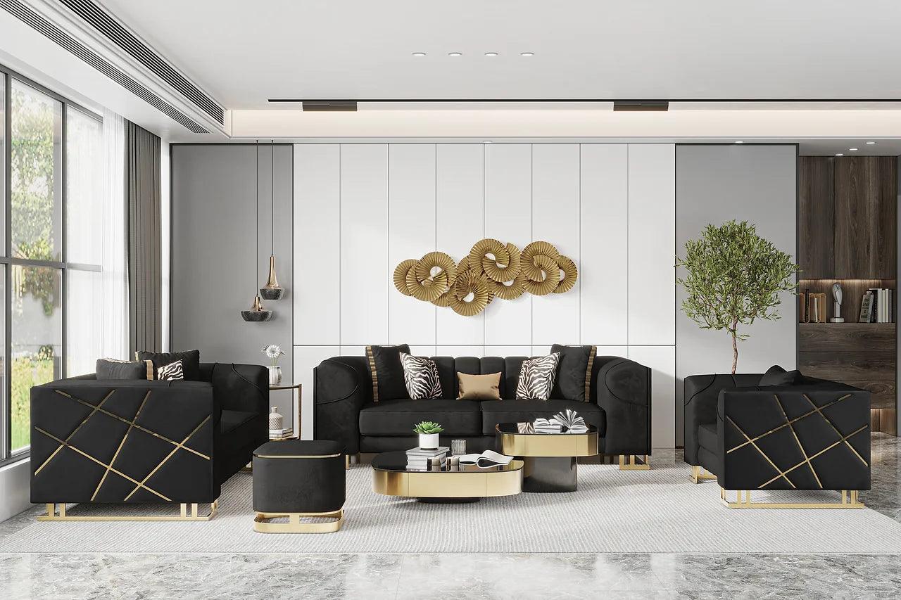 Designer Black with Gold Modern Contemporary Wood, Engineered Wood Velvet Chair - Ella Furniture