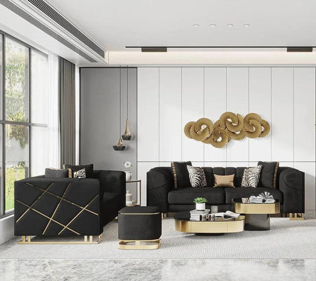 Designer Black with Gold Modern Contemporary Wood, Engineered Wood Velvet Sofa&Loveseat - Ella Furniture