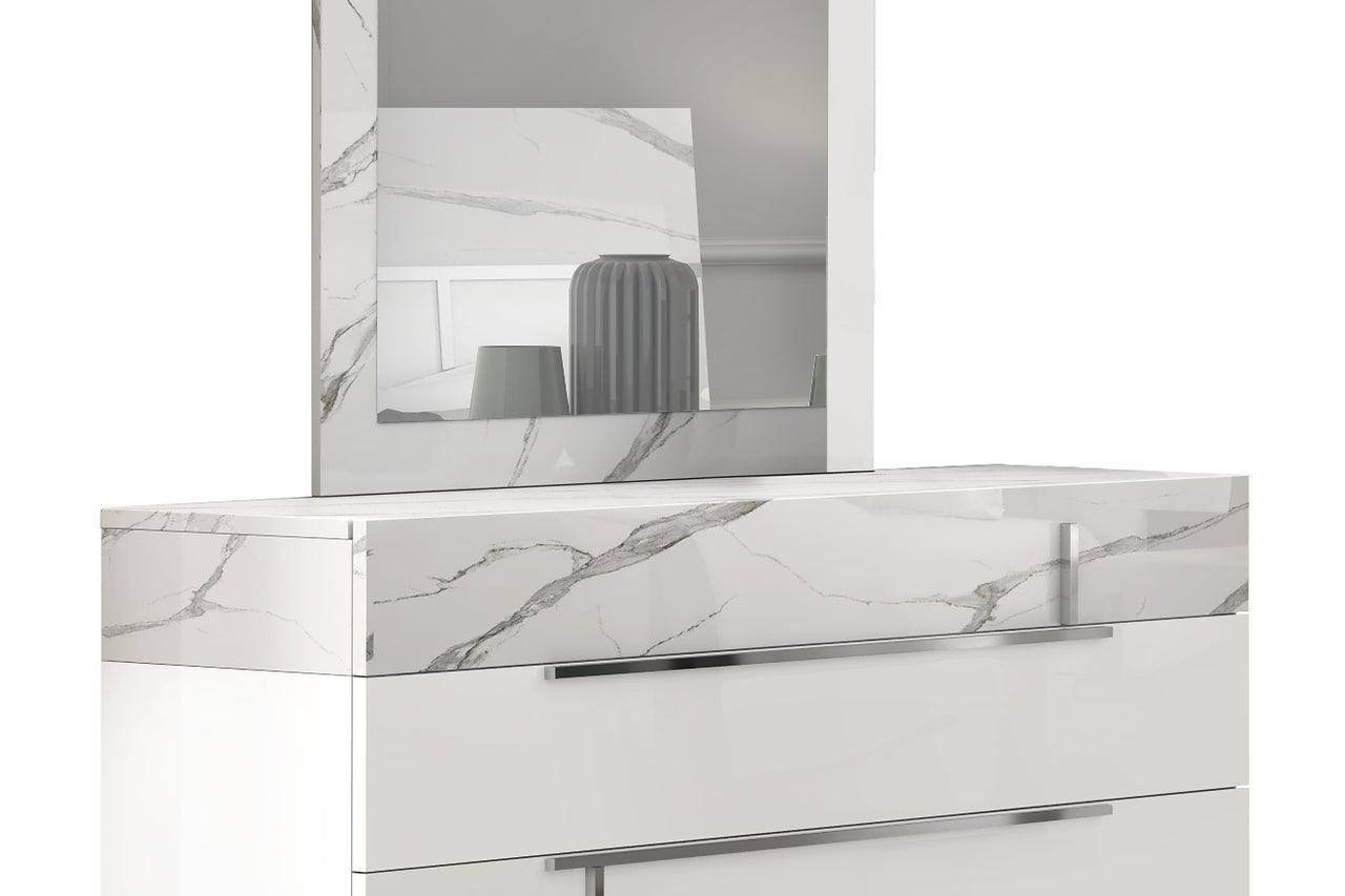 Sunset White/Gray Contemporary Solid Wood Marble Top High Gloss Lacquer 5-Drawers Chest - Ella Furniture