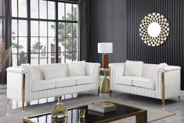 Fara Cream With Gold Modern Contemporary Wood, Engineered Wood Velvet Sofa&Loveseat - Ella Furniture