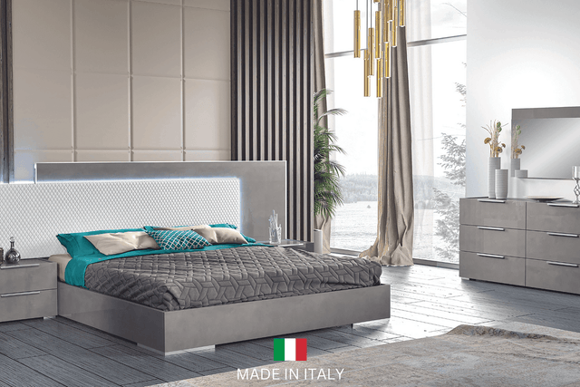 Fabiana Aspen Grey Modern Contemporary High Gloss Wood Eco Leather Italian Bedroom Set - Ella Furniture