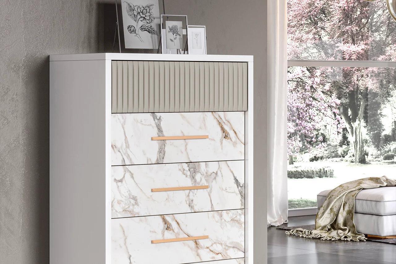 Cruz White/Gray Contemporary High Gloss Lacquer Solid Wood Marble Top 5-Drawers Chest - Ella Furniture