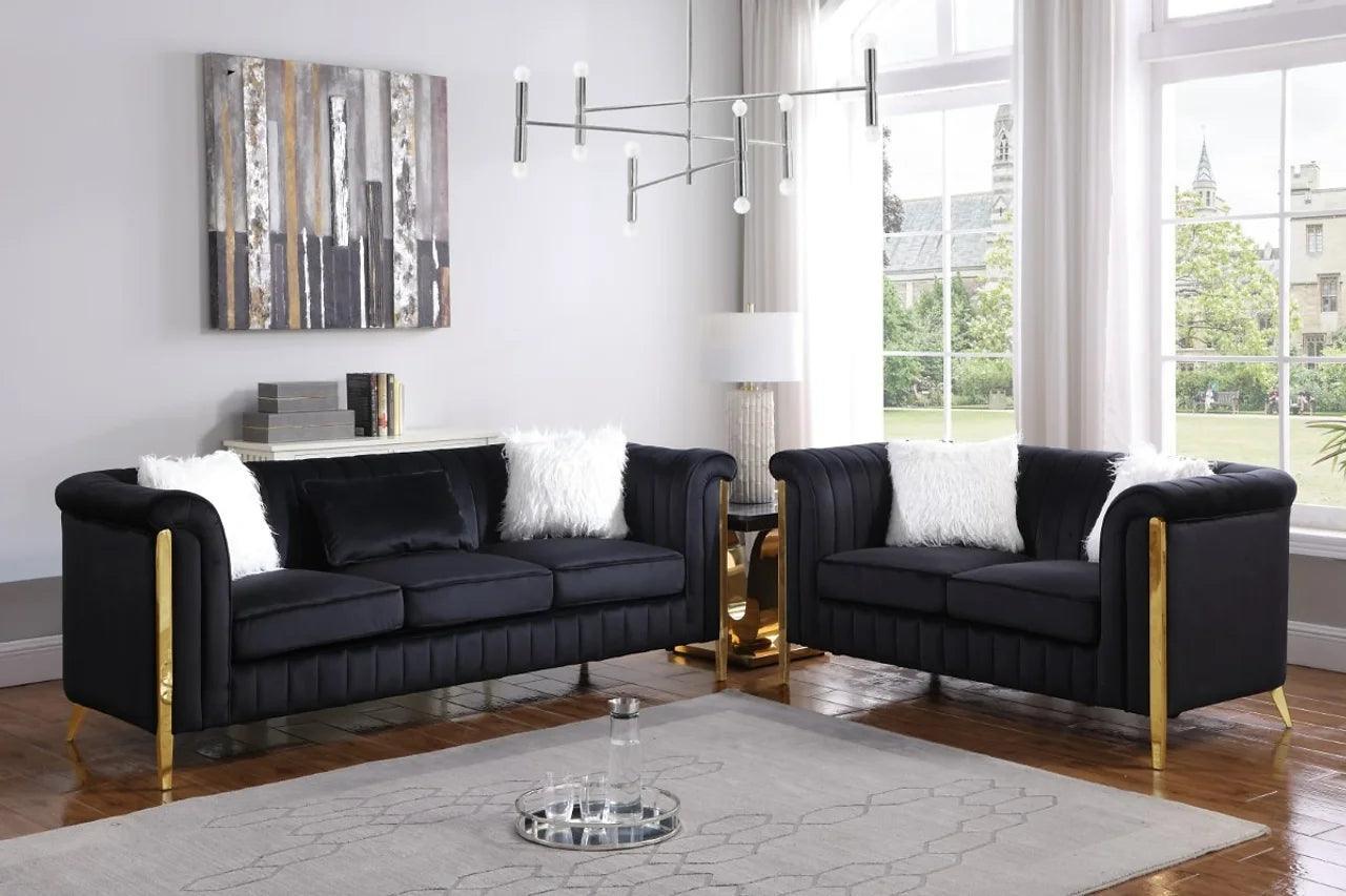 Fara Black/Gold Modern Velvet Sofa & Love Seat - Ella Furniture