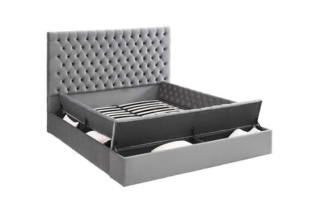 Cataline Grey Modern Contemporary Solid Wood Velvet Upholstered Tufted Storage Queen Bed - Ella Furniture