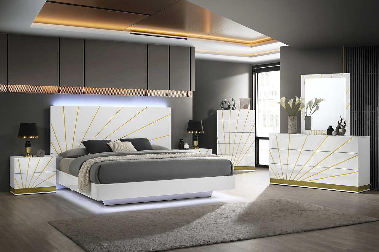 Safa White/Gold Modern Contemporary High Gloss Lacquer Solid Wood LED Bedroom Set - Ella Furniture