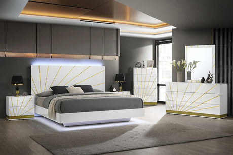 Safa White/Gold Modern Contemporary High Gloss Lacquer Solid Wood LED Bedroom Set - Ella Furniture