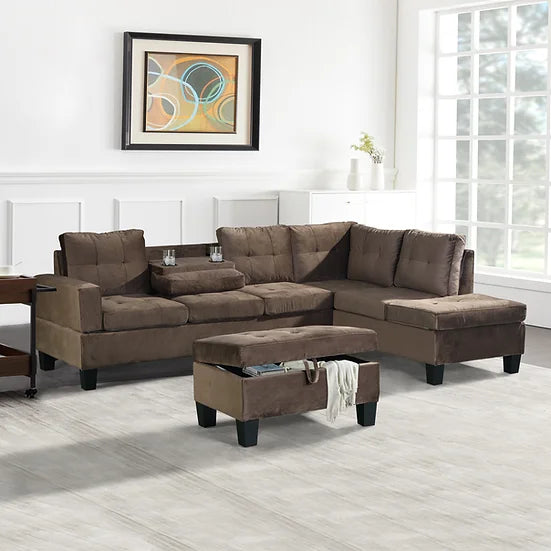 Allen Parkway Brown Modern Velvet Upholstery Tufted 3Pcs Sectional With Storage Ottoman - Ella Furniture