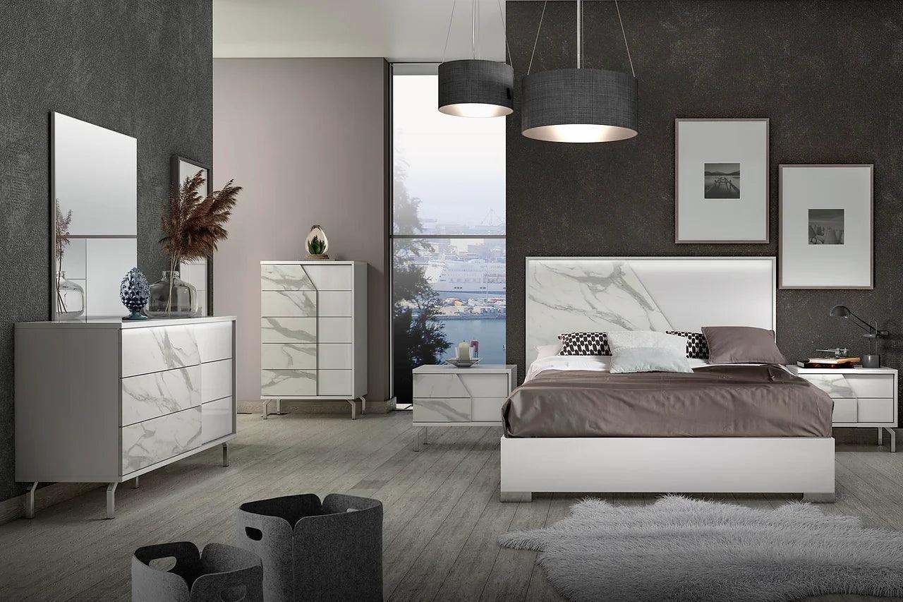 Sofia White Modern Contemporary High Gloss Lacquer Solid Wood Marble Top Bedroom Set - Ella Furniture