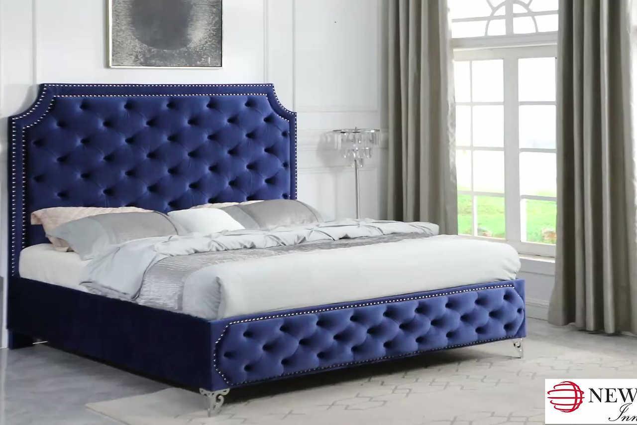 Leilah Cream Modern Contemporary Solid Wood Velvet Upholstered Tufted Platform Queen Bed - Ella Furniture