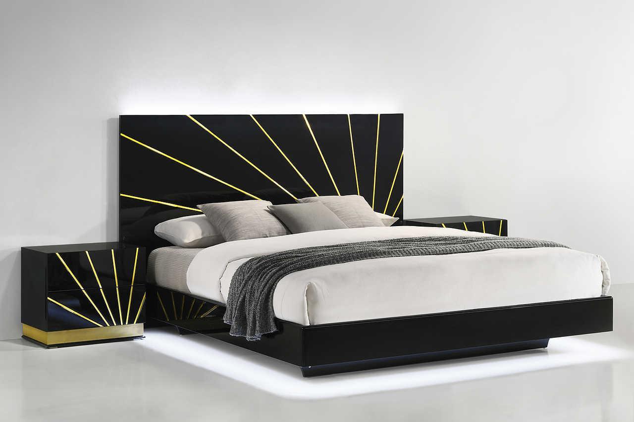 Zenia Black/Gold Modern Contemporary High Gloss Lacquer Solid Wood LED Bedroom Set - Ella Furniture
