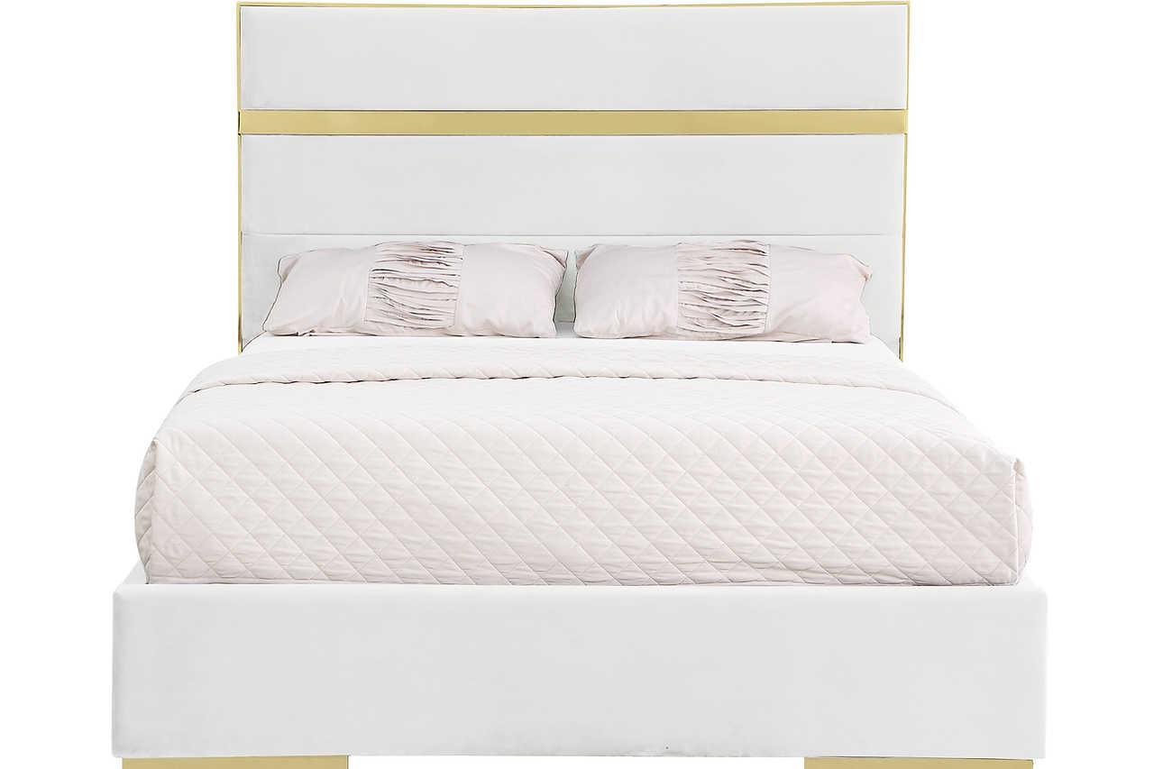 Cartier Ivory/Gold Modern Contemporary Solid Wood Velvet Upholstery Platform King Bed - Ella Furniture
