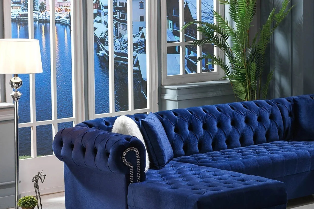Yaz Blue Modern Contemporary Wood, Engineered Wood Velvet Upholstered Tufted Sectional - Ella Furniture