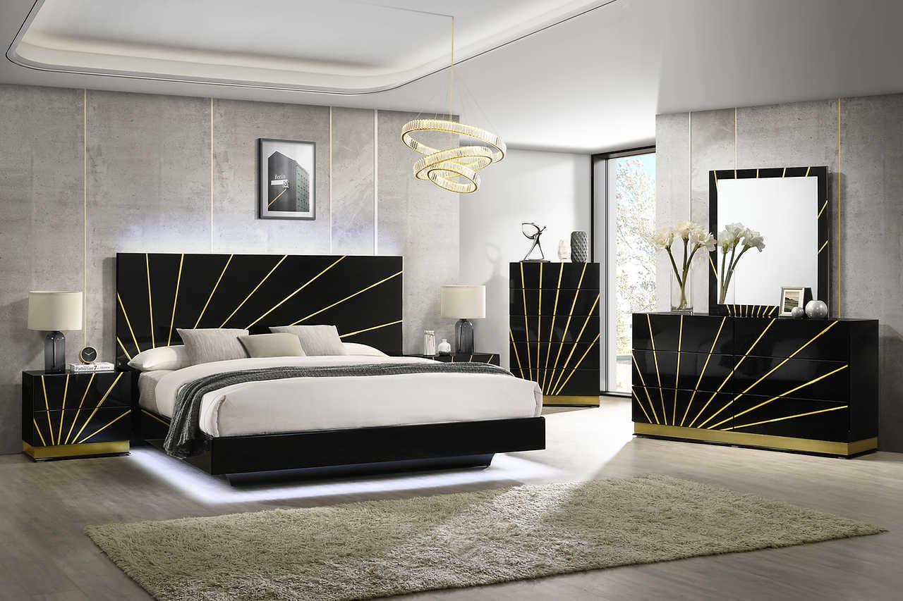 Zenia Black/Gold Modern Contemporary High Gloss Lacquer Solid Wood LED Bedroom Set - Ella Furniture