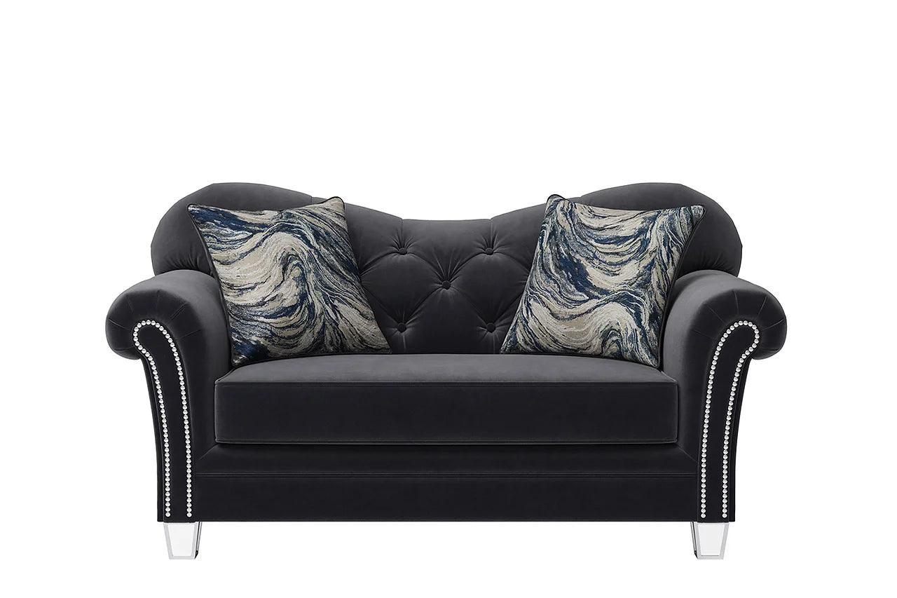 Bing Black Modern Contemporary Wood, Engineered Wood Velvet Tufted Loveseat - Ella Furniture