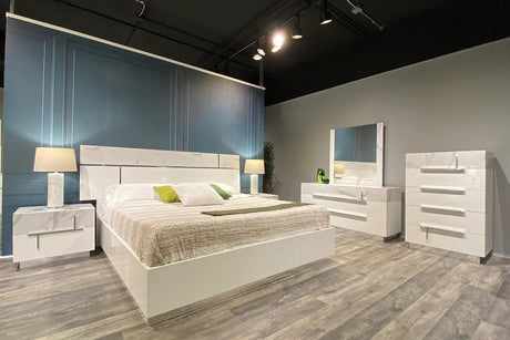 Sunset White/Gray Contemporary Solid Wood Marble Top High Gloss Lacquer 5-Drawers Chest - Ella Furniture