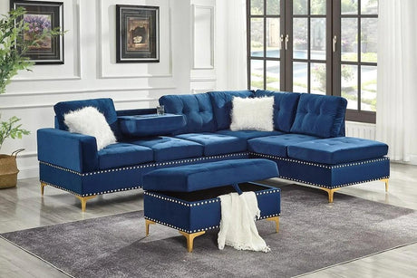 Joy Blue Modern Velvet Upholstered Tufted Drop-down Storage Sectional with Ottoman - Ella Furniture