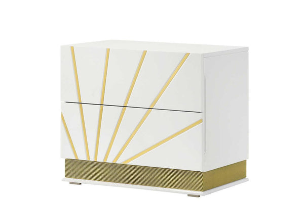 Safa White/Gold Modern Contemporary High Gloss Lacquer Solid Wood 2-Drawers Nightstand - Ella Furniture