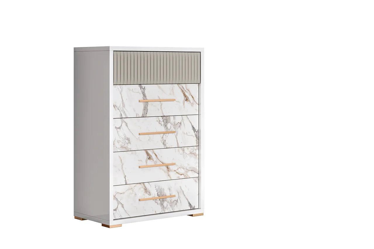 Cruz White/Gray Contemporary High Gloss Lacquer Solid Wood Marble Top 5-Drawers Chest - Ella Furniture