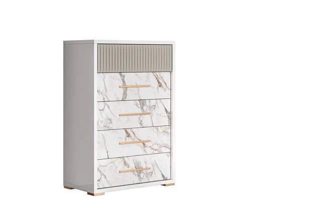 Cruz White/Gray Contemporary High Gloss Lacquer Solid Wood Marble Top 5-Drawers Chest - Ella Furniture