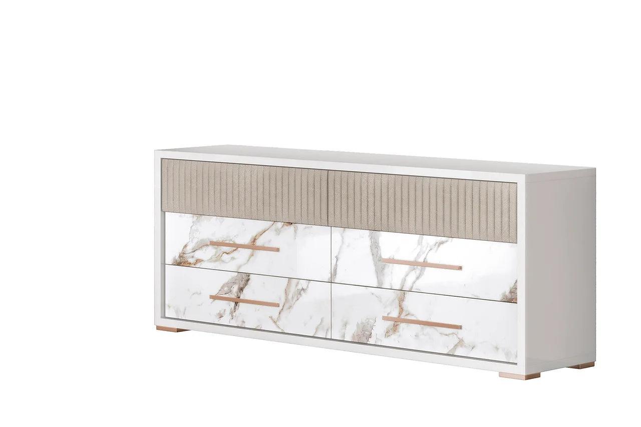 Cruz White/Gray Contemporary High Gloss Lacquer Solid Wood Marble Top 5-Drawers Chest - Ella Furniture