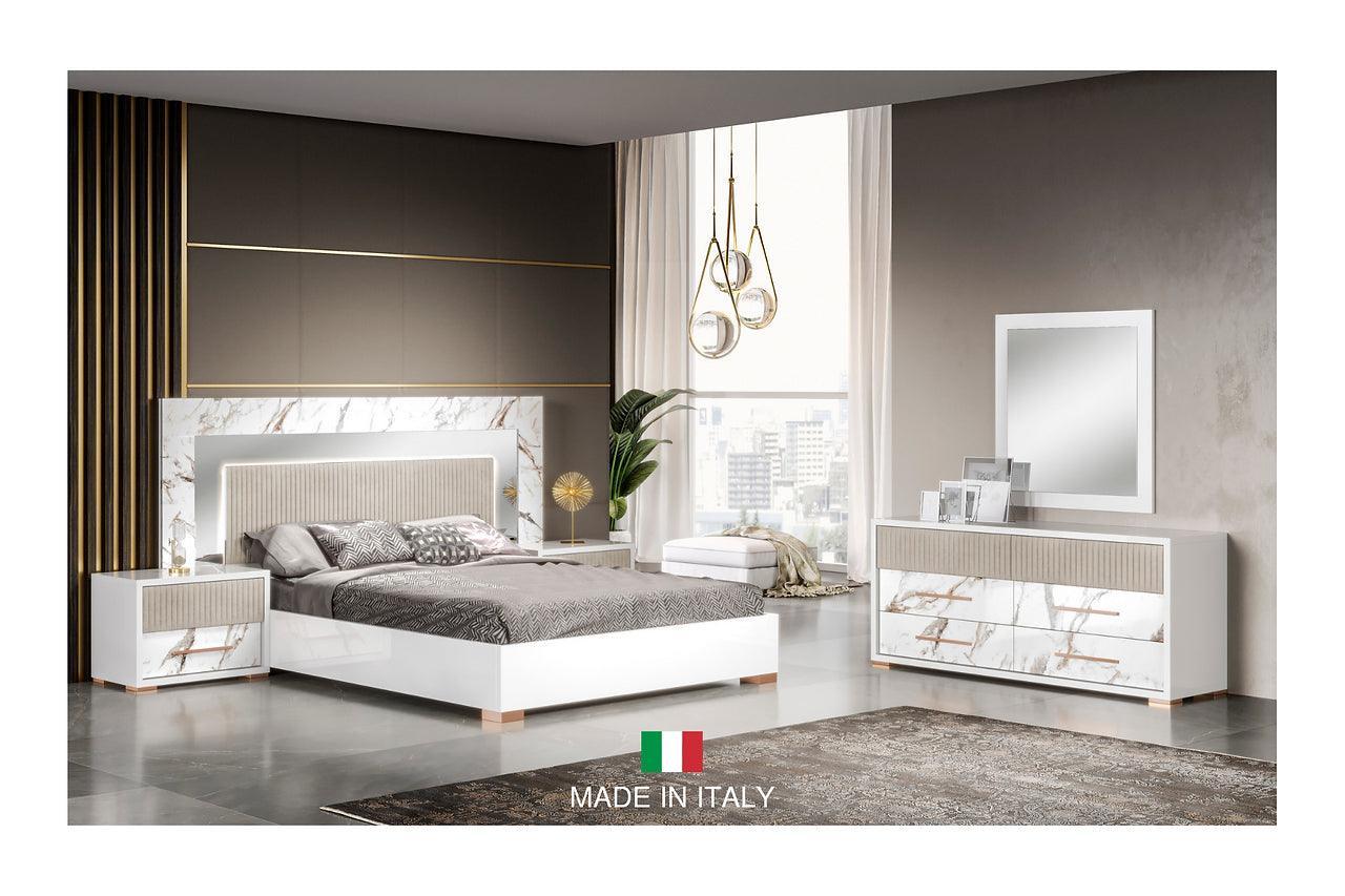 Cruz White/Gray Contemporary High Gloss Lacquer Solid Wood Marble Top LED Bedroom Set - Ella Furniture