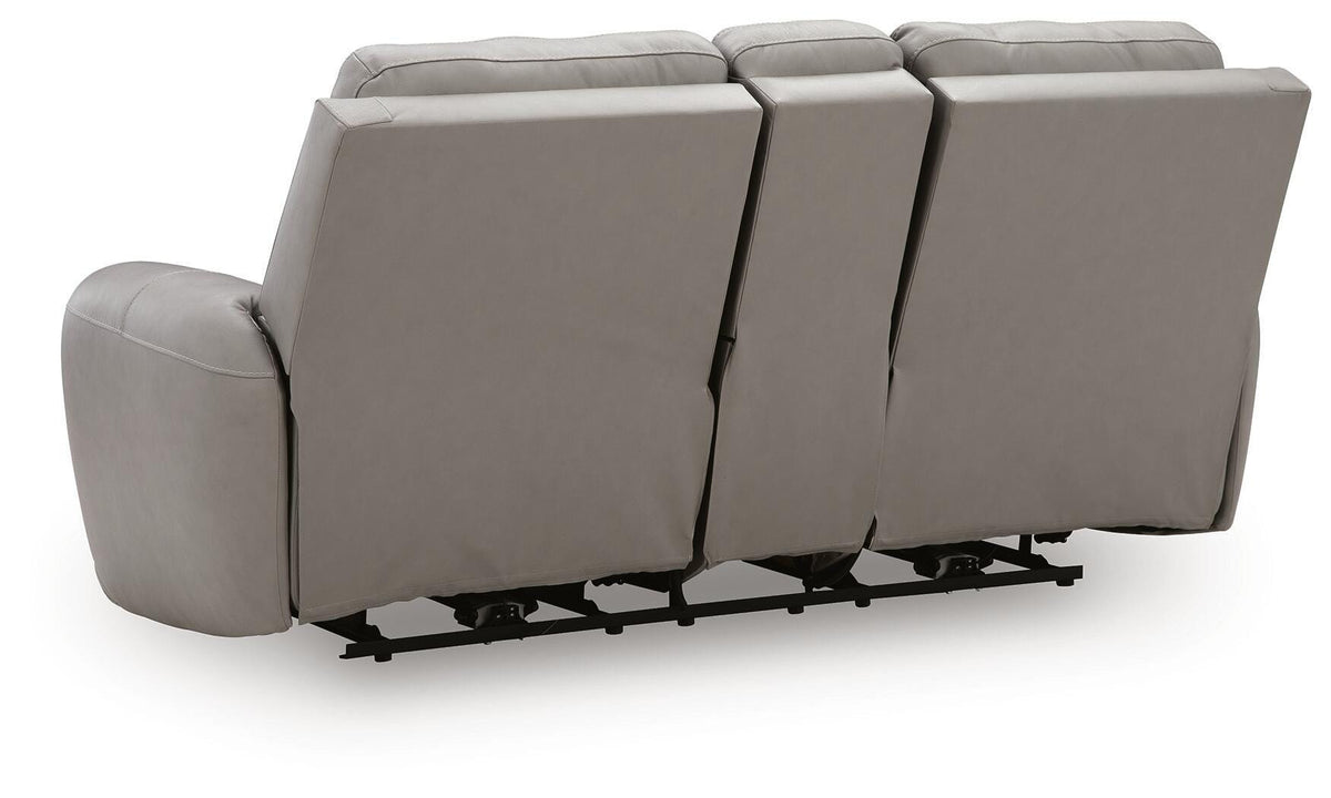Real Moments Ash Leather Power Reclining Loveseat with Audio Seating — back view
