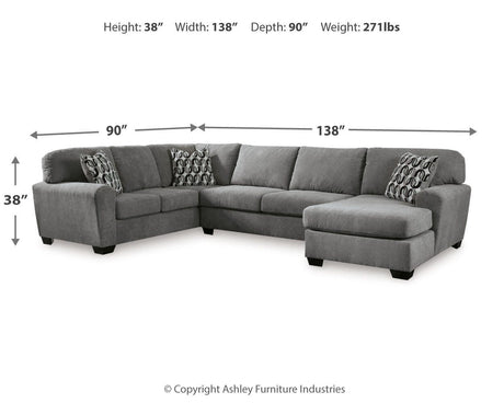 Birkdale Court Gray Chenille 3-Piece Sectional with Chaise dimension view