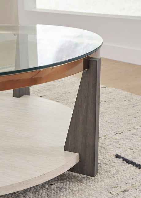 Glass-Top Coffee Table with Faux Travertine and Gold-Tone Frame — product image 4