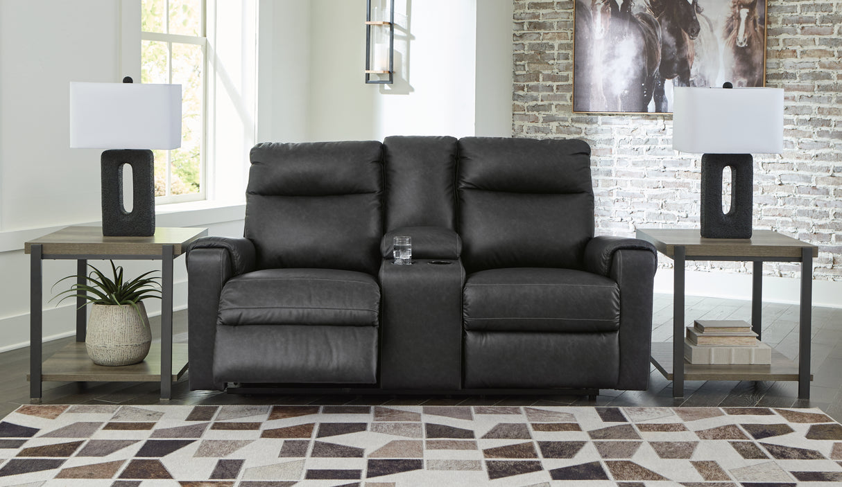Axtellton Carbon Faux Leather Power Reclining Loveseat With Console