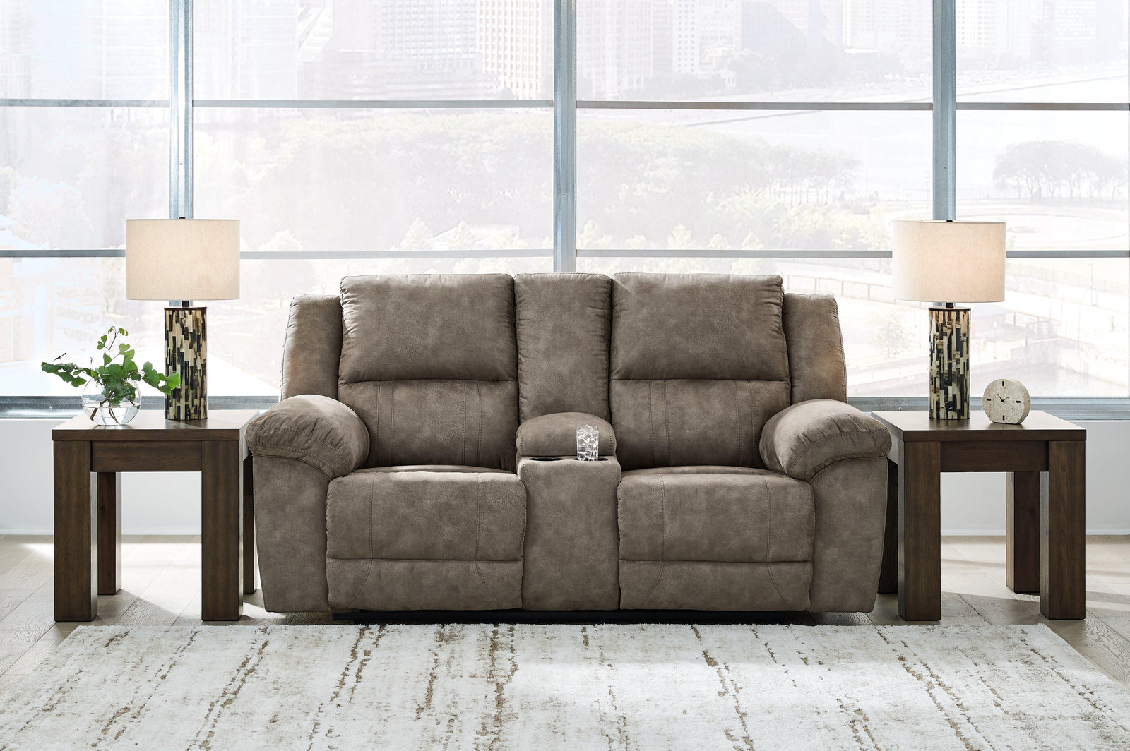 Laresview Fossil Faux Leather Reclining Loveseat with Console
